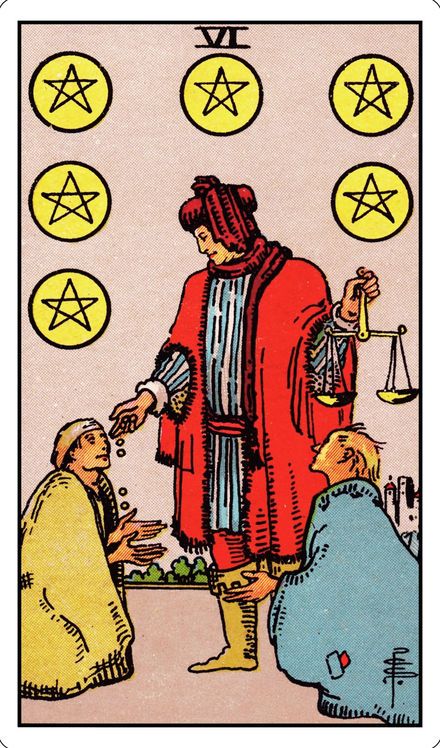 Six of Pentacles from the Rider-Waite-Smith tarot deck