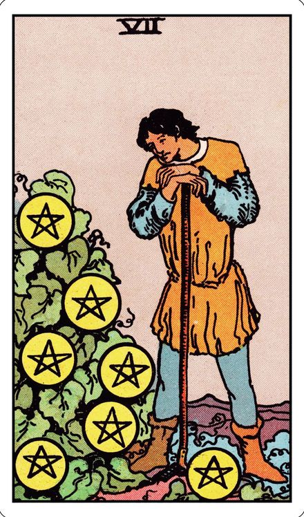 Seven of Pentacles from the Rider-Waite-Smith tarot deck