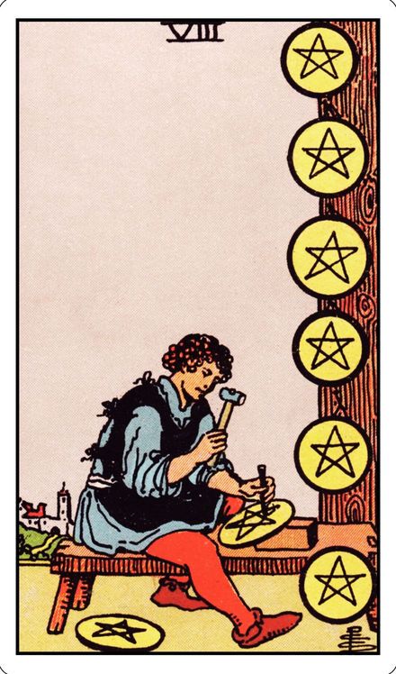 Eight of Pentacles from the Rider-Waite-Smith tarot deck