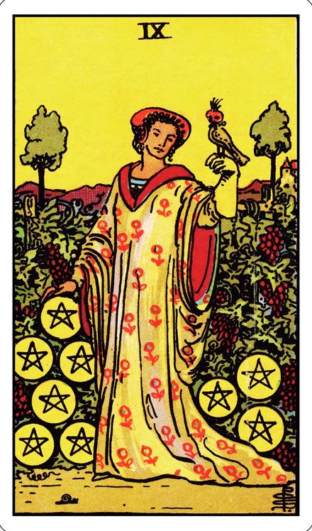 Nine of Pentacles from the Rider-Waite-Smith tarot deck