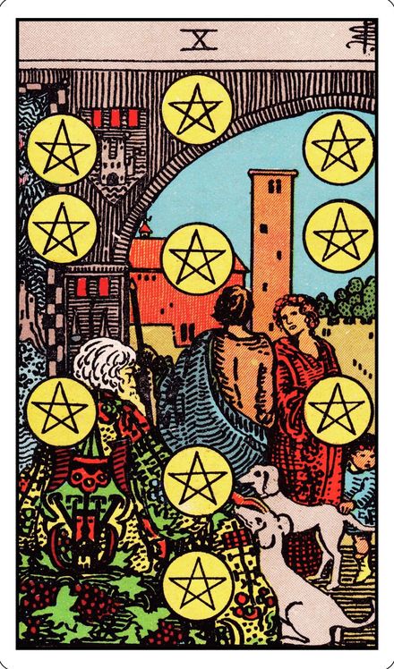 Ten of Pentacles from the Rider-Waite-Smith tarot deck