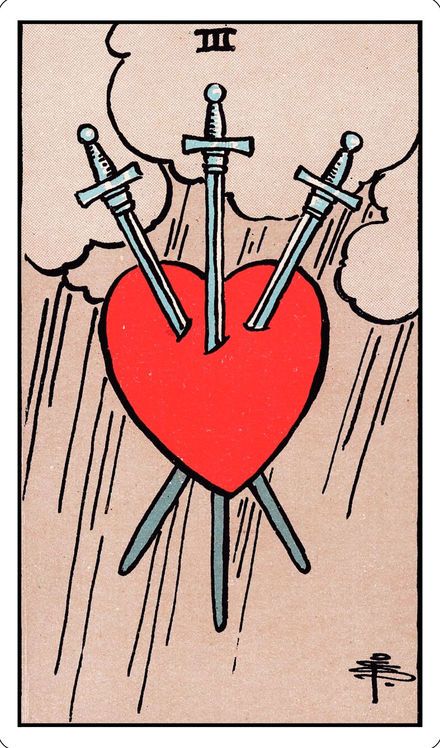 Three of Swords from the Rider-Waite-Smith tarot deck