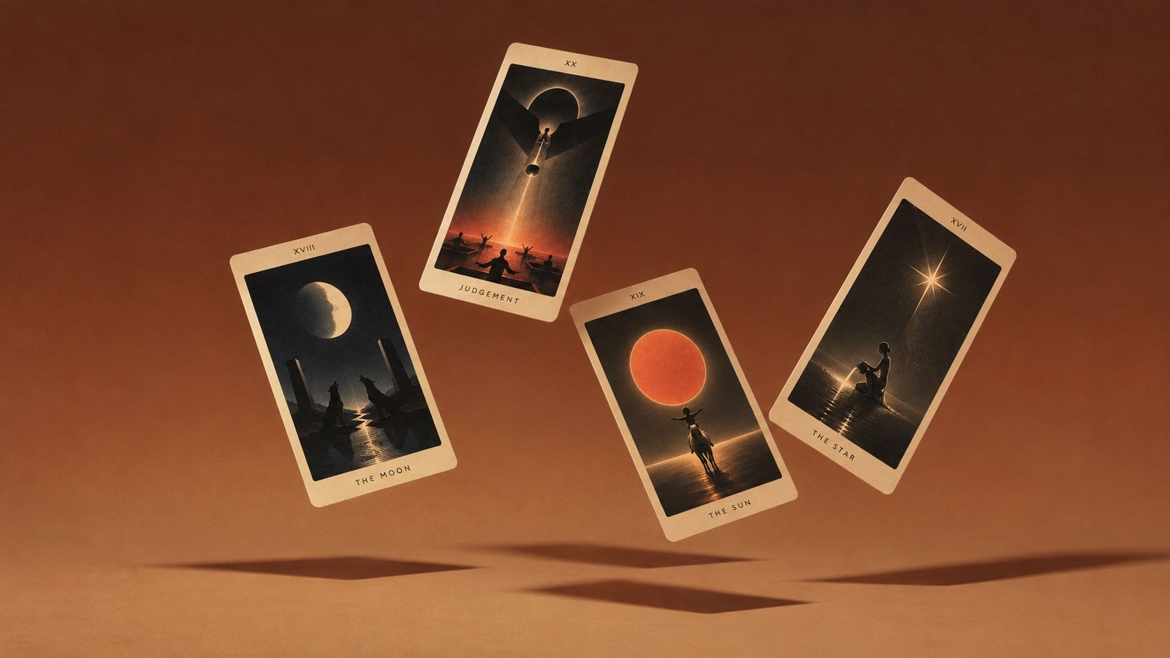 Four cards from the Reflecta deck floating over a warm amber ground.