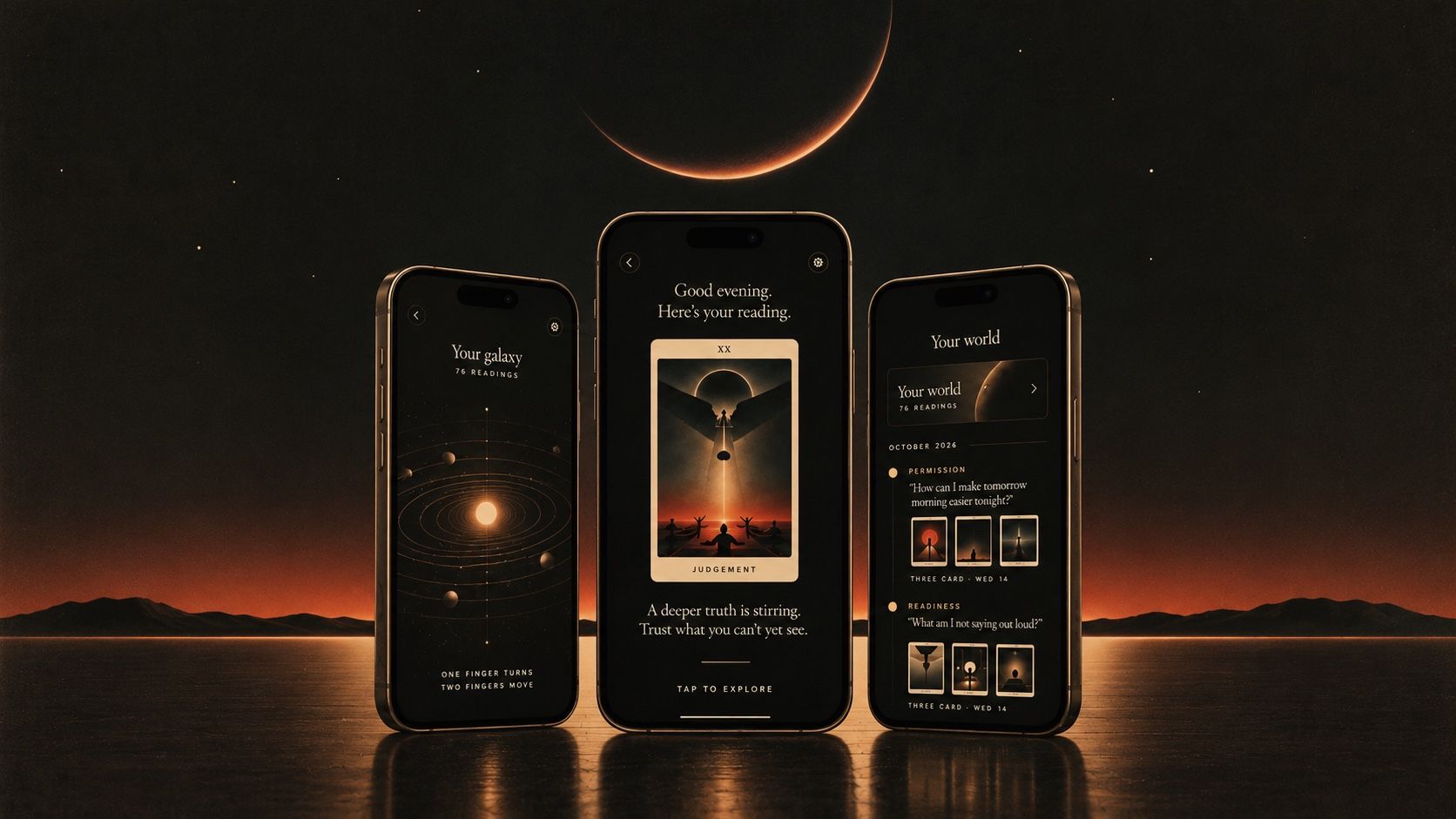 Three phones showing Reflecta: a personal galaxy of readings, a Judgement card reading, and a timeline of past questions.